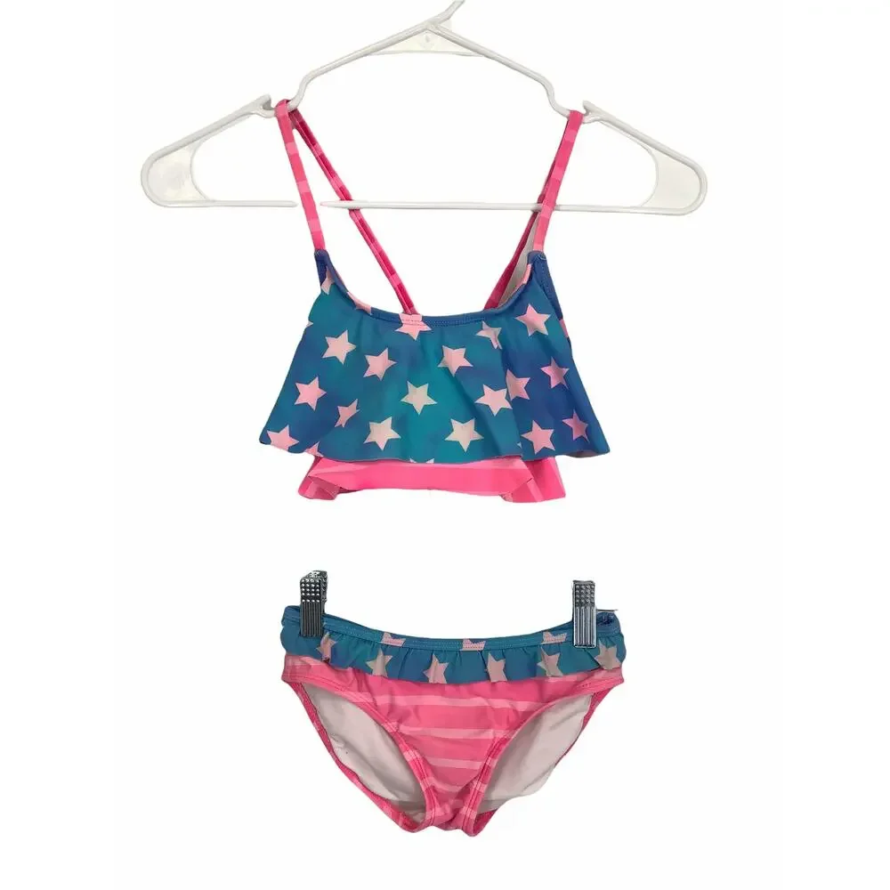 Xhilaration Girl's Stars & Striped Pink Blue Swim Bikini Set Kid's Size Medium